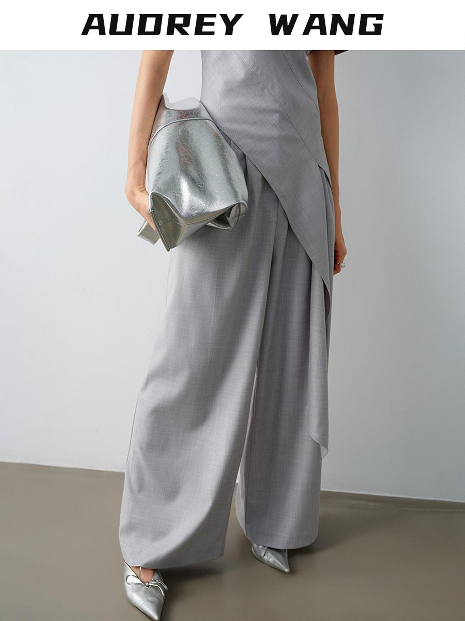 audreyyang Eco Viscose Relaxed Minimalist Workwear Natural Waist Zip Women Wide Leg Pants