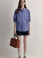 fano Skin Friendly Breathable Cotton Loose Fit Buttoned Collared Women Blue Shirts