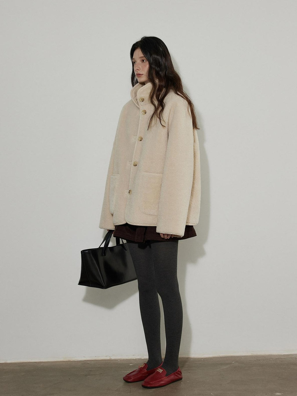 Lofi choose Thick Fleece Lined Warm Loose Fit Commuter Coat For Women Ivory Long Coats