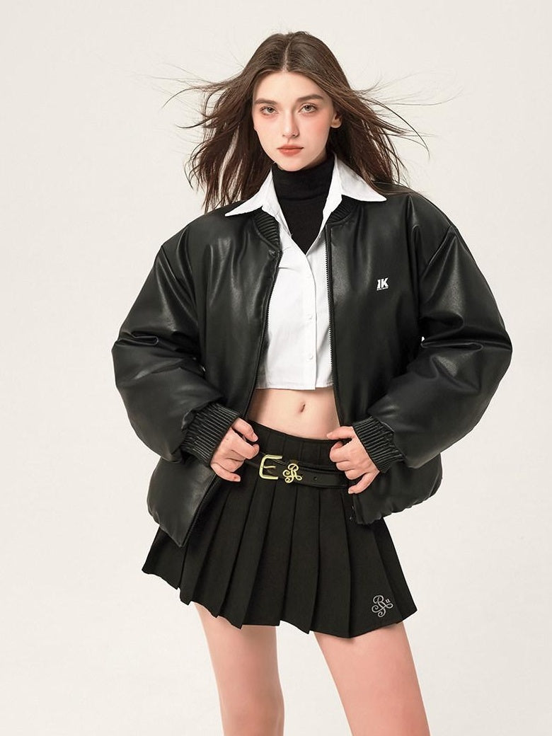 ikyou Thick Pu Minimal Commuter Straight Fit Stand Collar Black Leather Jackets