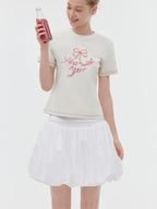 fano Butterfly Bow Print Cotton Blend Slim Korean Crew Neck Beige Basic Crop Tops