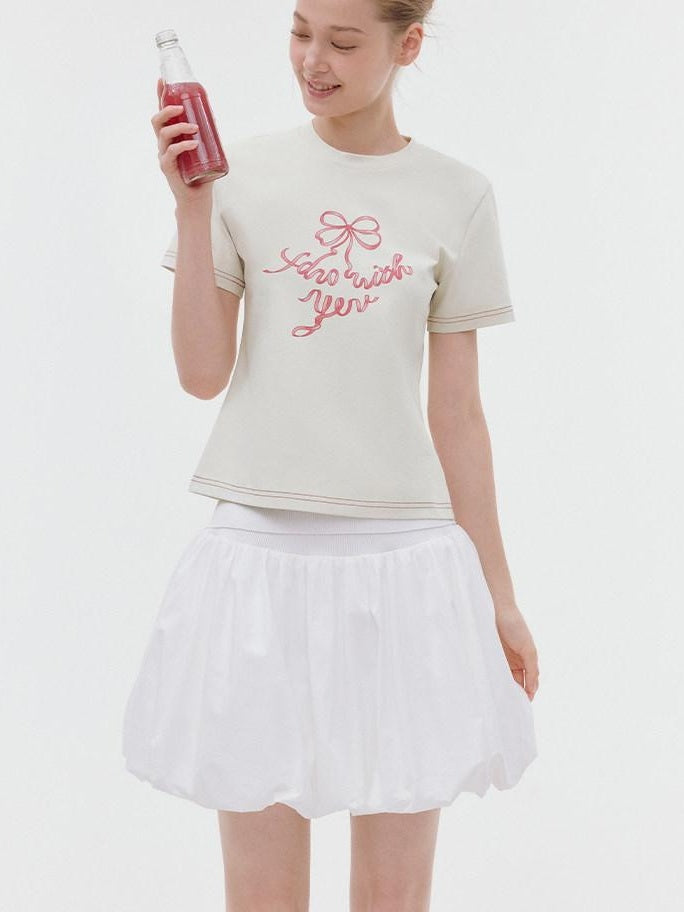 fano Butterfly Bow Print Cotton Blend Slim Korean Crew Neck Beige Basic Crop Tops
