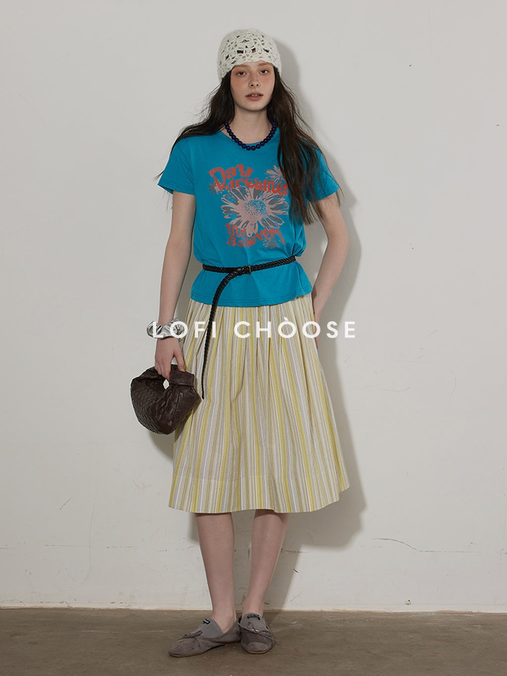 Lofi choose Cotton Floral Printed Loose Casual Round Neck Women Blue Short Sleeve T-Shirts