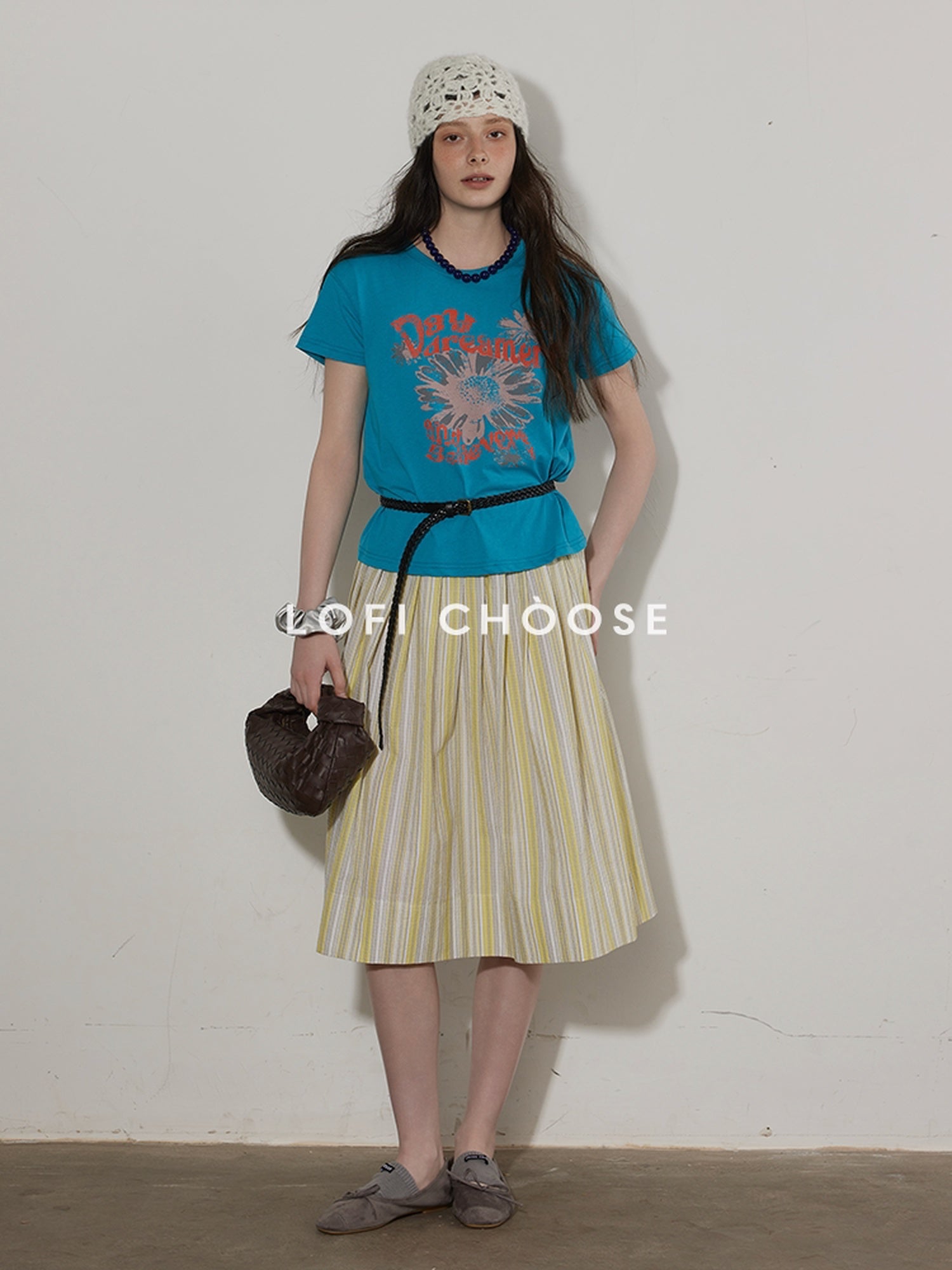 Lofi choose Cotton Floral Printed Loose Casual Round Neck Women Blue Short Sleeve T-Shirts