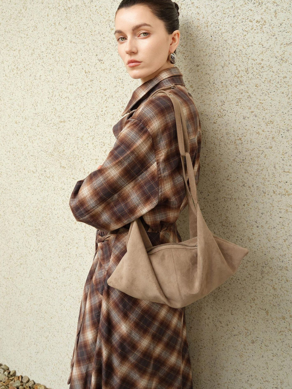 audreyyang Brushed Cotton Sunset Orange Belted Plaid Cardigan Women Top & Skirt Sets