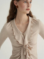 someone sometimes Ruffled V-neck Slim Fit Thin Knit Viscose Women Oatmeal Long Sleeve T-Shirts
