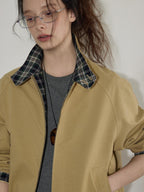 Lofi choose Pure Cotton Office Loose Raglan Zipper Plaid Women Khaki Cropped Jackets
