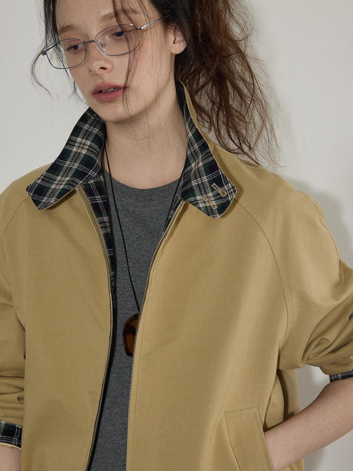 Lofi choose Pure Cotton Office Loose Raglan Zipper Plaid Women Khaki Cropped Jackets