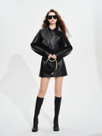 audreyyang Sheepskin Leather Cinched Waist French Tie Neck A Line Work Date Midi Dresses