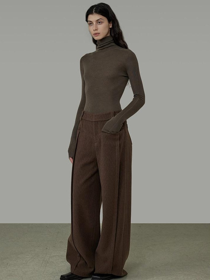 unspoken High Waist Pocketed Minimalist Office Brown Polyester Blend Wide Leg Pants