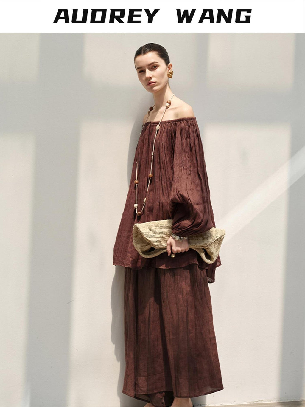 audreyyang Linen Long Sleeve Vintage Loose Round Neck Dusty Rose Women Top & Skirt Sets
