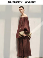 audreyyang Linen Long Sleeve Vintage Loose Round Neck Dusty Rose Women Top & Skirt Sets