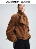 audreyyang Lambswool Trim Stand Collar Straight Short Zip Women Casual Bomber Jackets