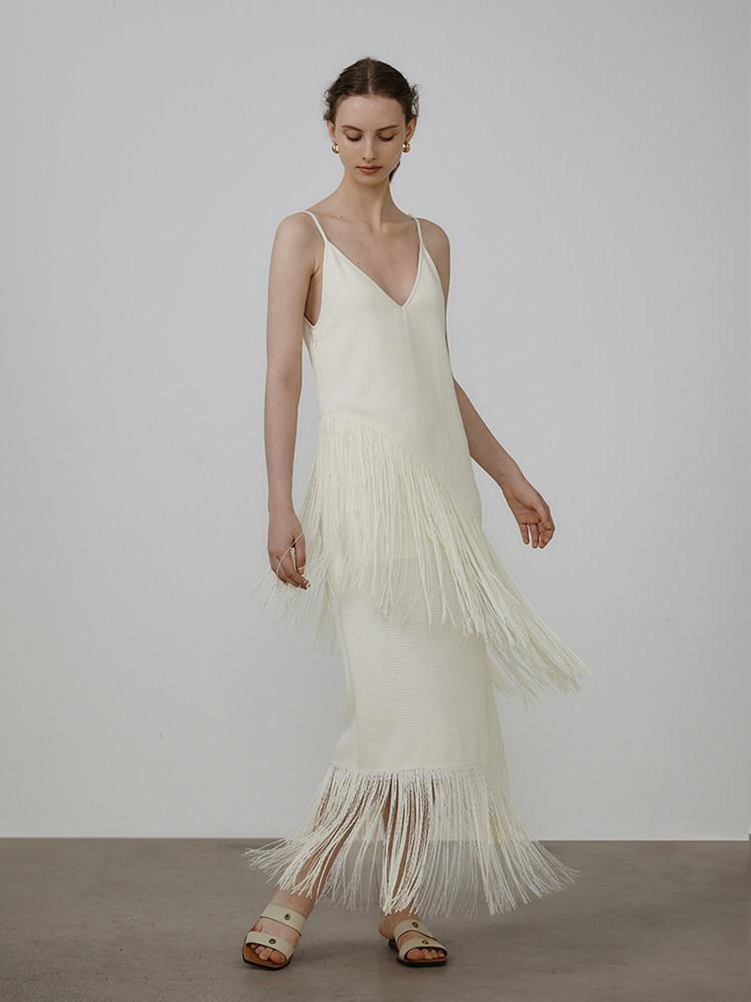 unspoken Tassel Trim High Waist V-neck A Line Strappy Office Beige Polyester Midi Dresses