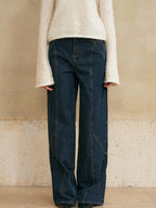 someone sometimes Washed Denim Relaxed Natural Waist Casual Zip Fly Blue Straight Leg Jeans