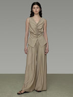 unspoken High Waist Pleated Elastic Workwear Khaki Viscose Wide Leg Pants