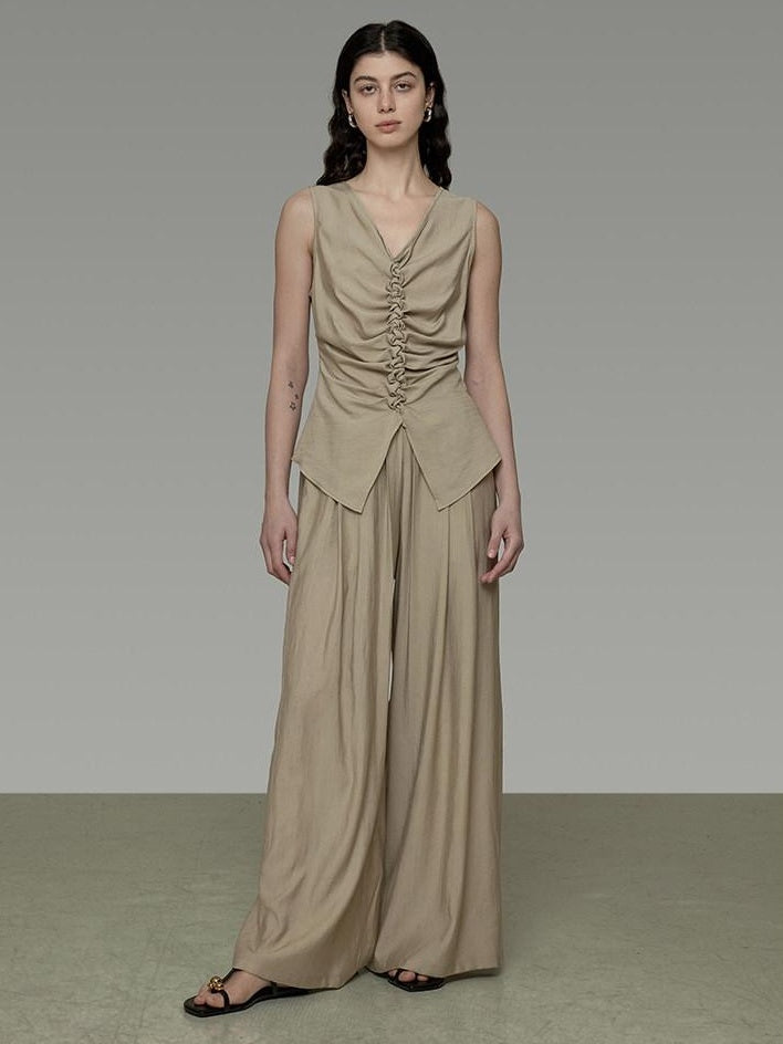 unspoken High Waist Pleated Elastic Workwear Khaki Viscose Wide Leg Pants