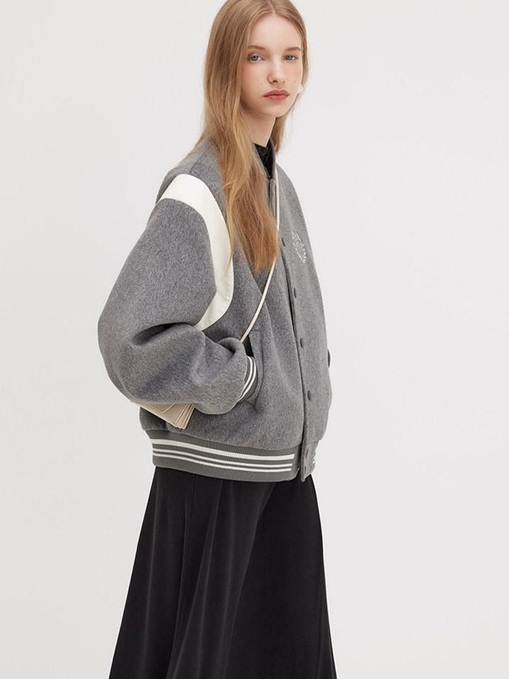 fano Embroidered Relaxed Fit Commuter Colorblock Crew Neck Women Bomber Jackets