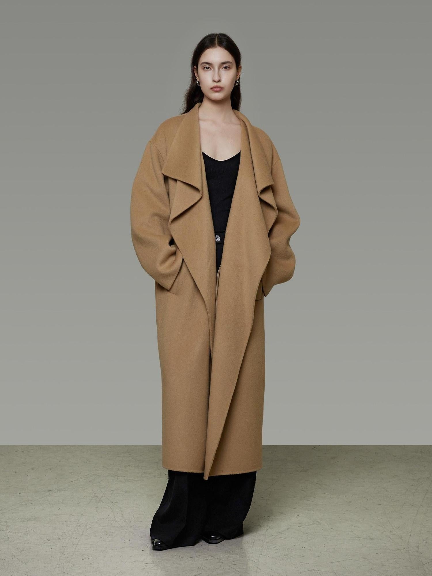 unspoken Thick 100 Percent Sheep Wool Long Loose Lapel Minimalist Sand Brown Wool Coats