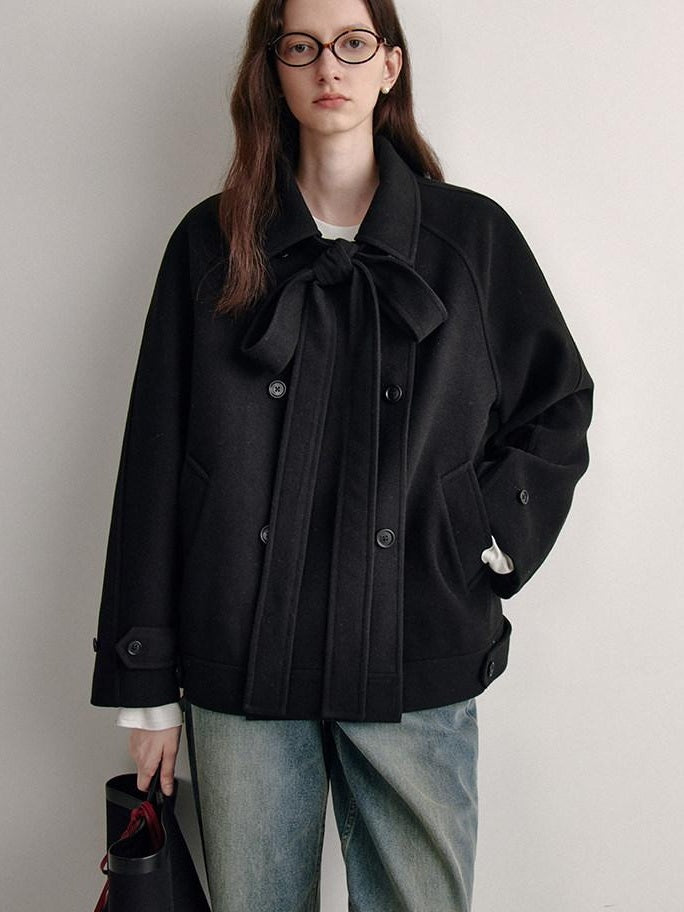 fano Elegant Double Breasted Bow Minimal Straight Fit Black Women Short Coat