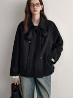 fano Elegant Double Breasted Bow Minimal Straight Fit Black Women Short Coat