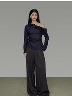 unspoken Warm Slanted Collar Loose Fit Long Sleeve Office Dark Blue Polyester Blouses