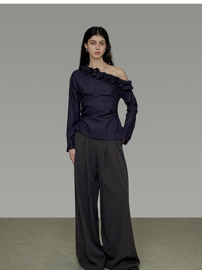 unspoken Warm Slanted Collar Loose Fit Long Sleeve Office Dark Blue Polyester Blouses