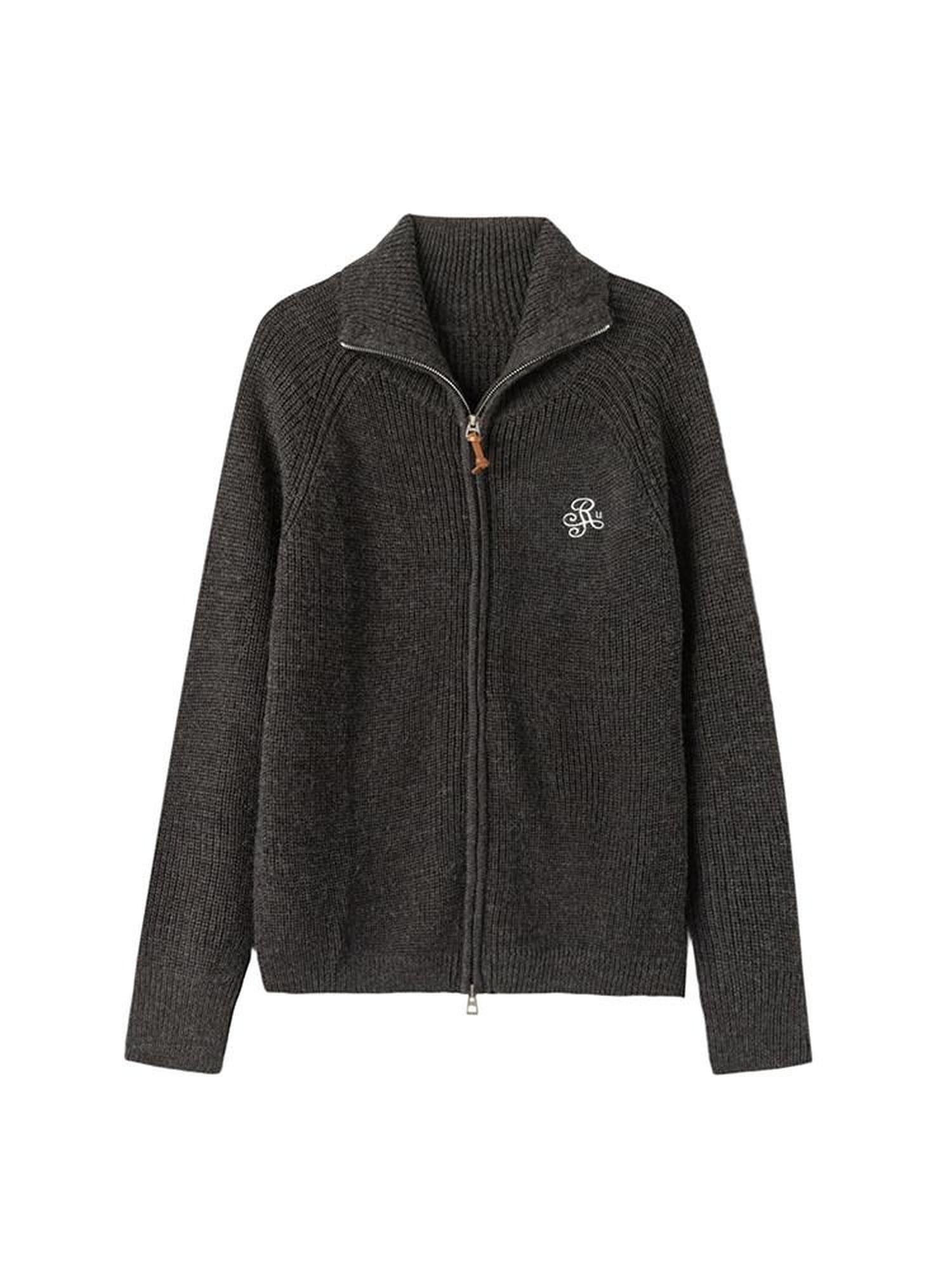 ikyou Warm Wool Blend Stand Collar Zip Loose Commuter Knit Women Deep Gray Cardigans