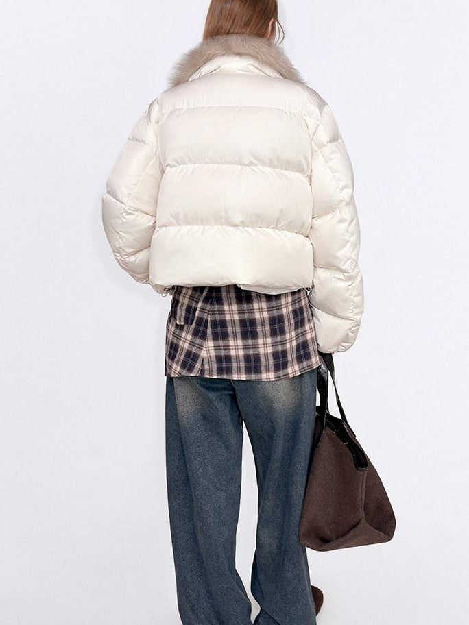 fano 90 Percent White Duck Down Warm Short Stand Collar Plaid Women Down Jackets