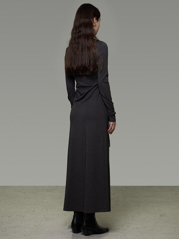 unspoken Breathable Tencel Ruched High Waist A Line Long Sleeve Slim Office Maxi Dresses