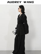 audreyyang Pleated Double Breasted Oversized V-neck Mid Length Women Workwear Blazers