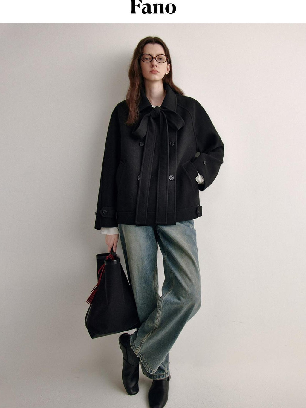fano Elegant Double Breasted Bow Minimal Straight Fit Black Women Short Coat