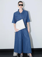 audreyyang Linen Blend Collared Short Sleeve Button Casual Denim Blue Top & Skirt Sets