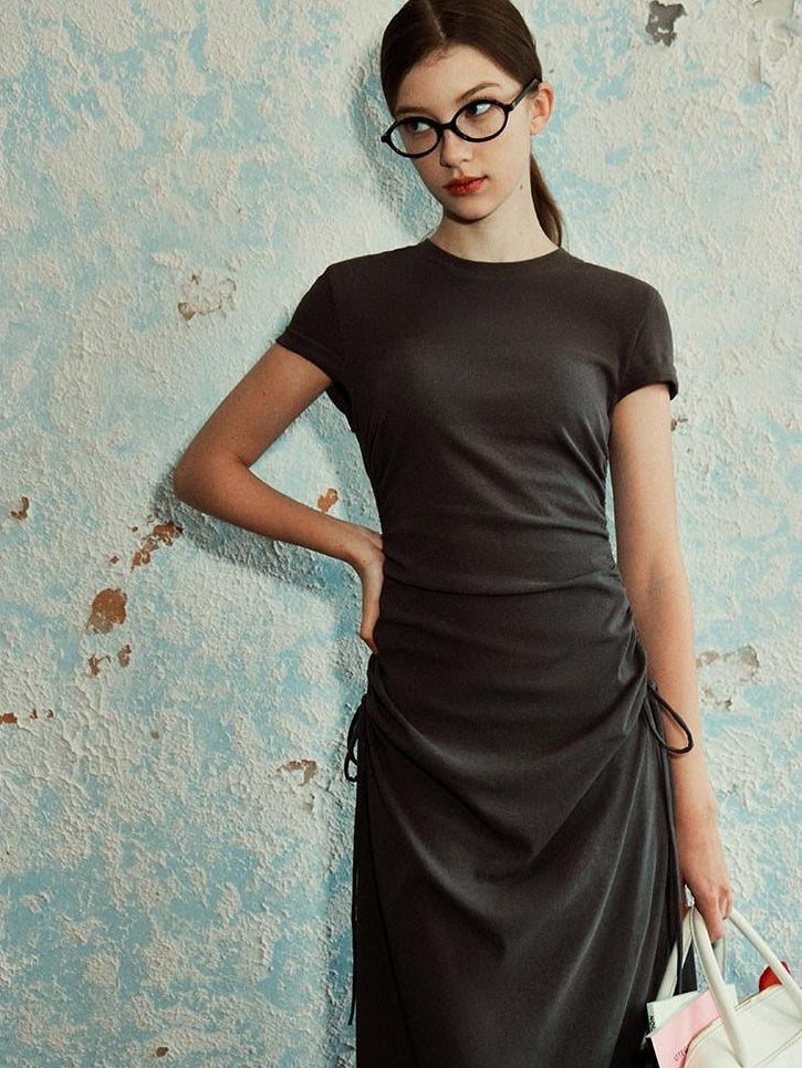 fano Soft Cotton Knit High Waist A Line Button Mock Neck Midi Dresses