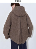 fano 75 Wool 25 Polyester Hooded Loose Fit Korean Commuter Brown Wool Coats