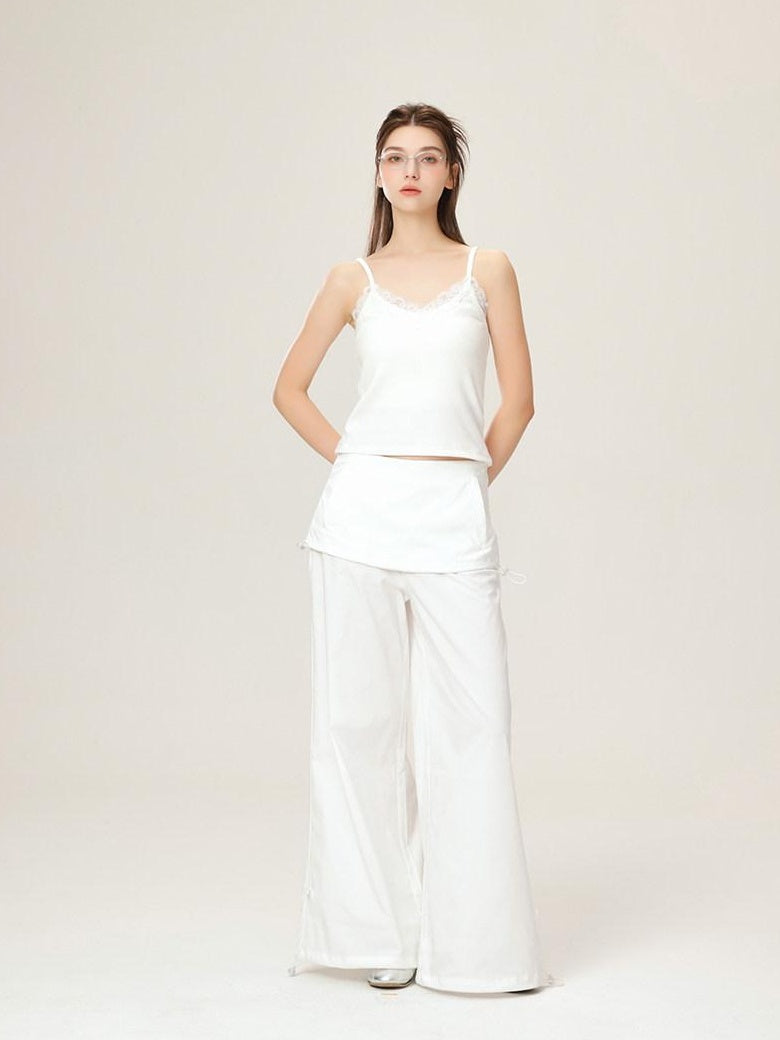 ikyou Lace Trim Slim Fit Spaghetti Strap Office Daily Stretch White Camisoles