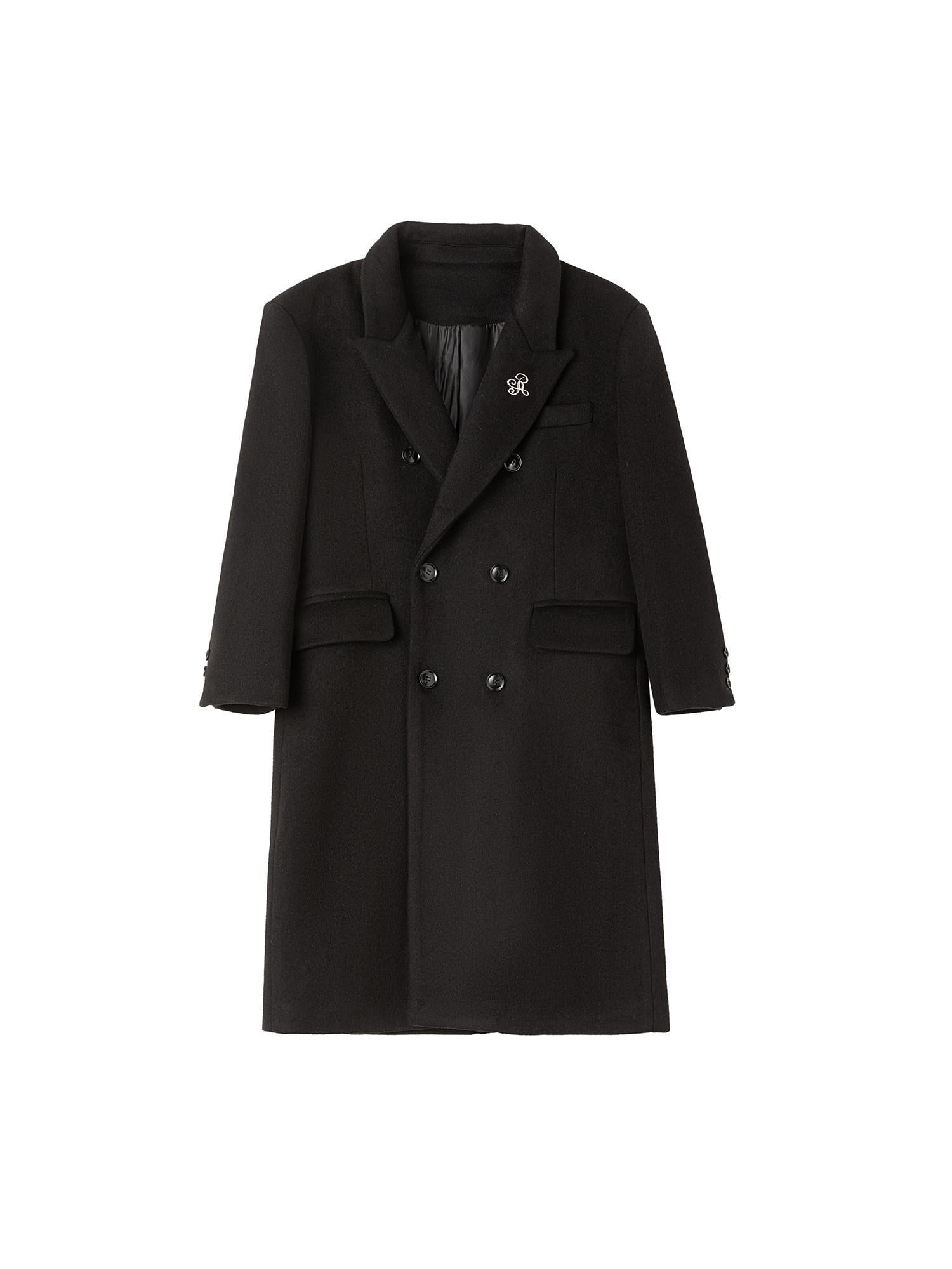 ikyou Wool Blend Double Breasted Straight Mid Length Office Tailored Black Long Coats