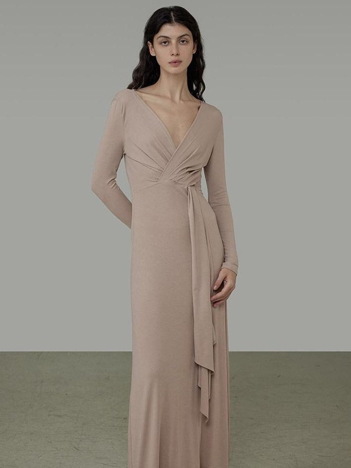 unspoken Lyocell V-neck High Waist Zip Longsleeve Pink Slim Knit Maxi Dresses