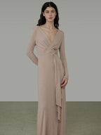 unspoken Lyocell V-neck High Waist Zip Longsleeve Pink Slim Knit Maxi Dresses