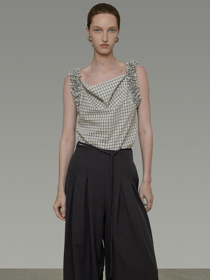 unspoken Plaid Pleated Loose Fit Office Wear Womens Polyester Blend Camisoles