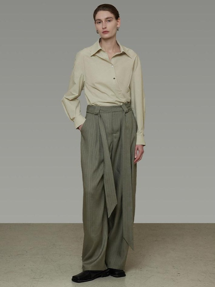 unspoken Sexy High Waist Striped Drawstring Straight Hem Office Breathable Wide Leg Pants