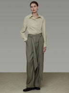 unspoken Sexy High Waist Striped Drawstring Straight Hem Office Breathable Wide Leg Pants