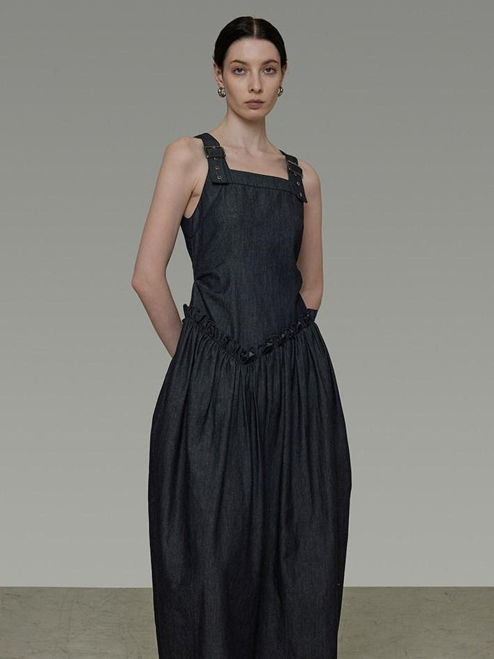 unspoken Minimalist Pleated Cinched Waist Cotton A Line Strap Dress Women Maxi Dresses