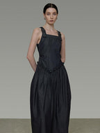 unspoken Minimalist Pleated Cinched Waist Cotton A Line Strap Dress Women Maxi Dresses