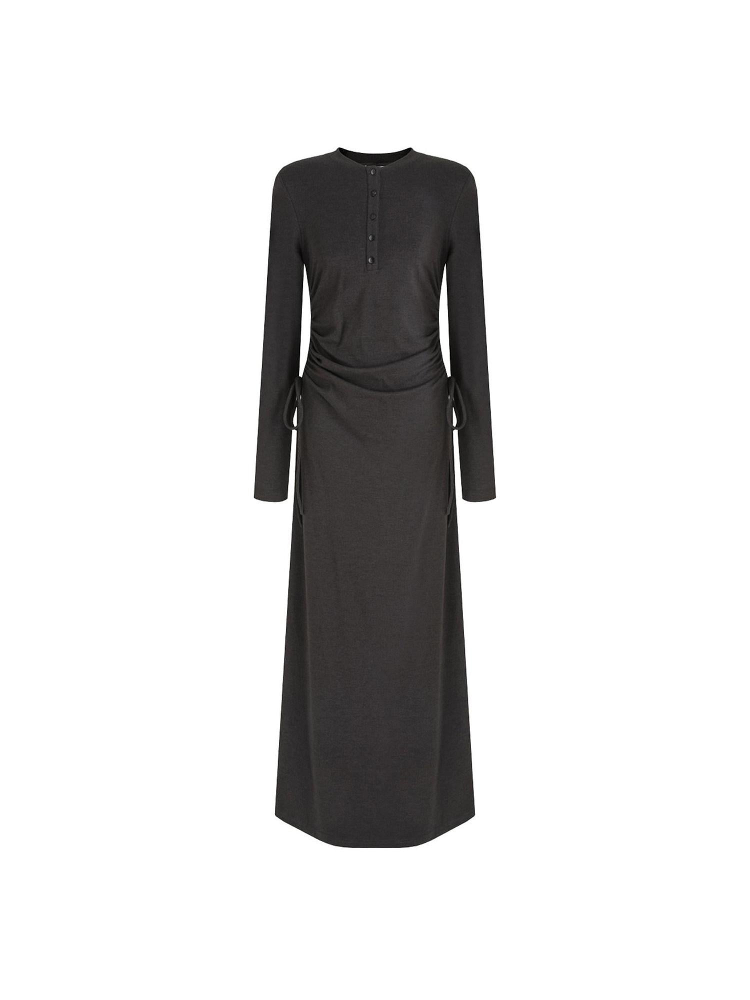 unspoken Breathable Tencel Ruched High Waist A Line Long Sleeve Slim Office Maxi Dresses