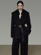 unspoken Fur Collar Thick Mid Length Loose Fit Minimalist Commuter Black Wool Long Coats