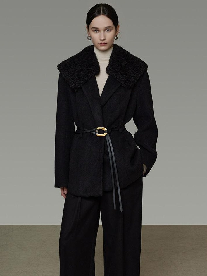 unspoken Fur Collar Thick Mid Length Loose Fit Minimalist Commuter Black Wool Long Coats