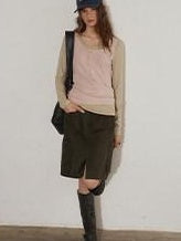 Lofi choose Slim Fit Commuter Round Neck Women Khaki Green Light Gray Long Sleeve T-Shirts
