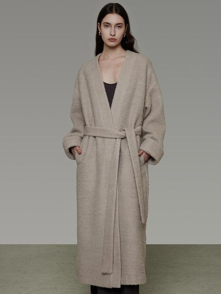 unspoken Cozy Sheepswool Belted Loose Fit Minimal Office V-neck Mid Length Wool Coats