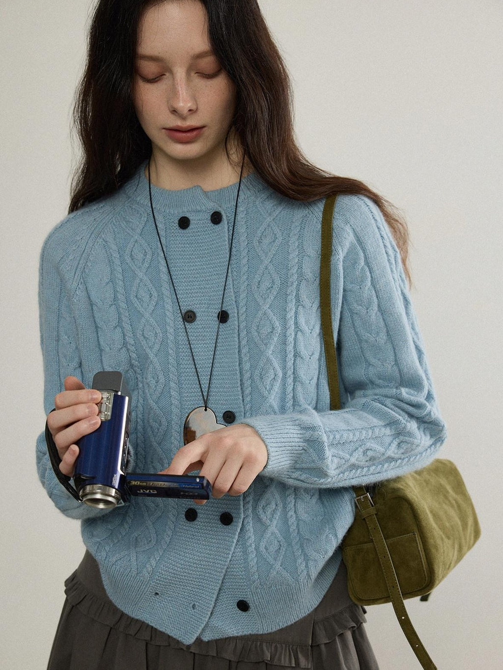 Lofi choose Soft Wool Blend Loose Fit Commuter Open Front Double Button Knit Women Cardigans